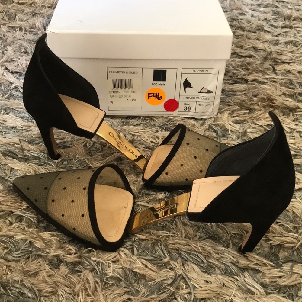 Christian Dior D-Vision Pump Heels Black Polka Dot Mesh Suede Gold Hardware 36 - Picture 5 of 11